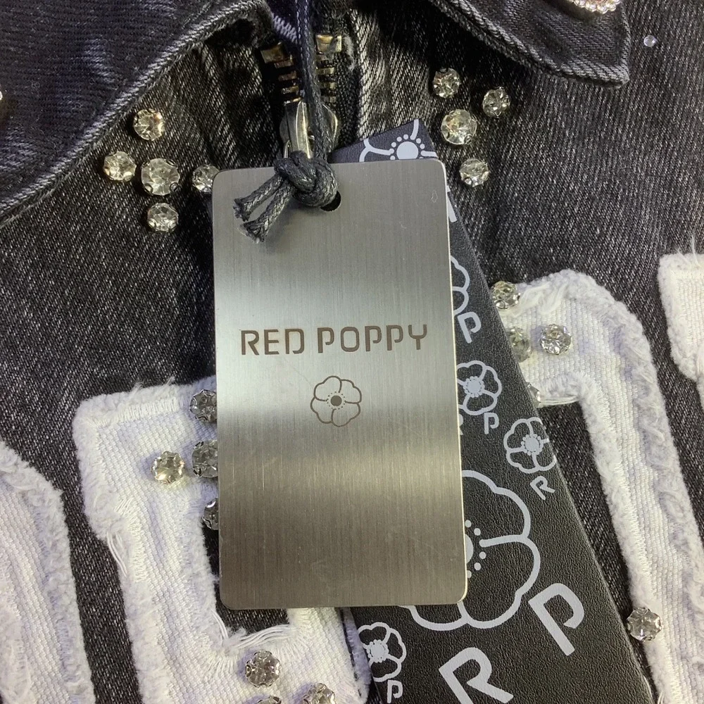 Red Poppy Mens Black Wash Embellished Graphic Denim‎ Jacket XS NWT
